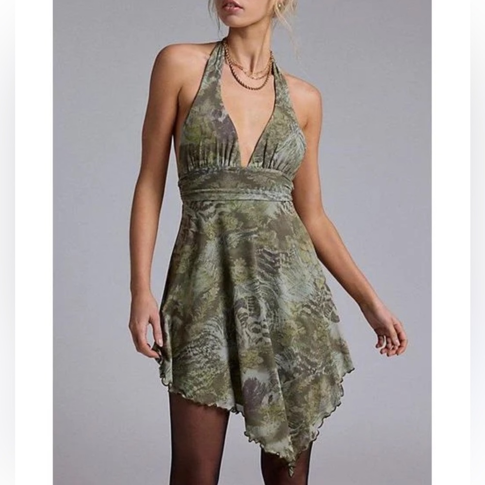 Urban Outfitters Olive Green Halter Handkerchief-Hem Dress